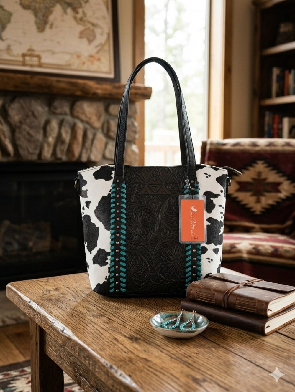 Montana West Black & White Cowhide Tote with Turquoise Accents